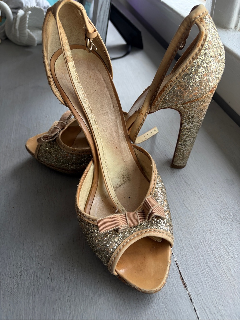 Gold Glitter Peep-Toe Heels with Bow Accent and Ankle Strap